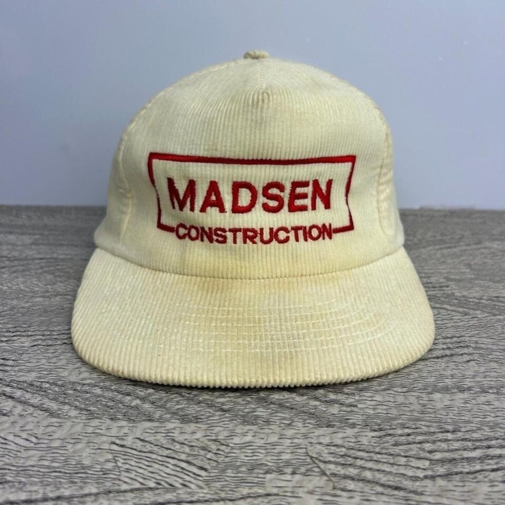 Vintage Madsen Construction‎ Hat Cap Snap Back Corduroy White Cream Embroidered